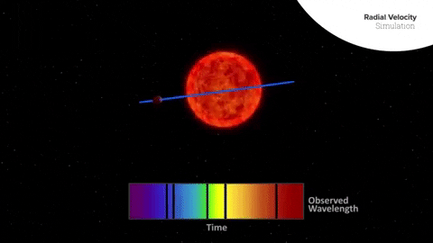 Star’s absorption line observed wavelengths. Planet orbit causes star to wobble away and lines are redshifted, star moves toward the observer and the lines are blueshifted. 
