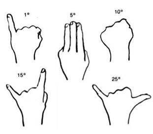 1, 5, 10, 15, and 25 degrees of the sky can be estimated by outstretched pinky, 3 fingers, fist, pinky-pointer, and pinky-thumb.
