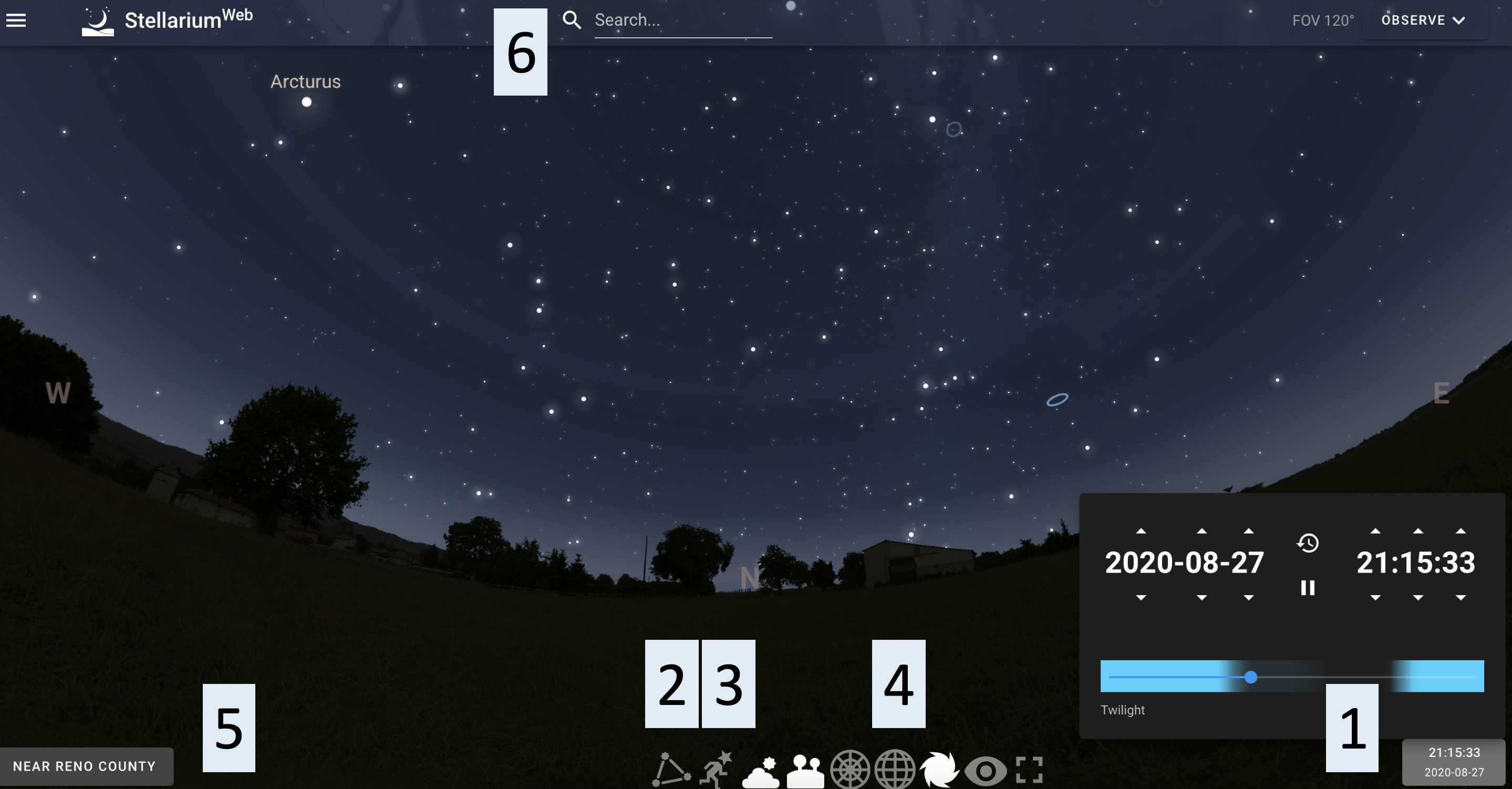 A digital view of the night sky. The label 1 is by a menu in the bottom right corner, the label 2, 3, and 4 are by a menu in the bottom center, the label 5 is by a menu in the bottom left corner, and the label 6 is by a menu at the top center.