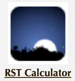 The RST Calculator icon is shown; it has a graphic of the Moon setting behind trees.