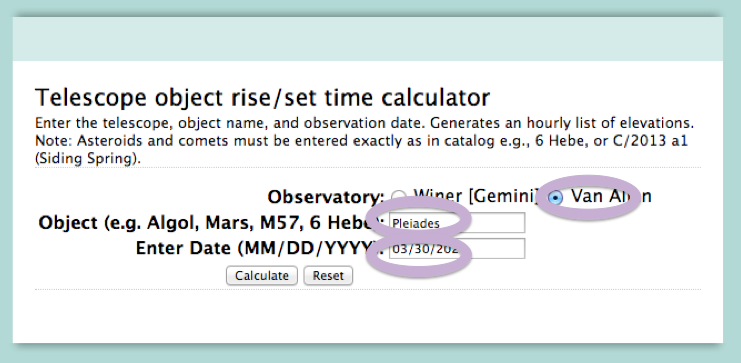 The graphical user interface window is shown for the RST Calculator. It says, 'Enter the telescope, object name, and observation date.' The date entered must be in (MM/DD?YYYY) format.
