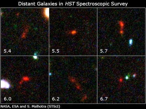 Six images of distant quasars are shown in six different panels. Most of the panels show stars in our Milky Way and other galaxies outside it in the field of view as well, but all have a blurry red quasar at image center. 