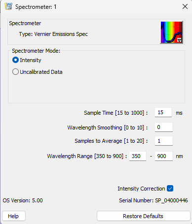 a view of the spectrometer settings in logger pro