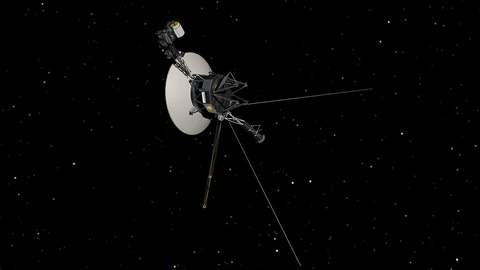 The Voyager 1 spacecraft is shown in space, with a gray metal dinner plate-like dish and extending instruments and antennae.