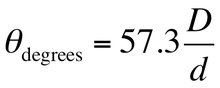 The equation reads, 'Theta in degrees equals 57.3 times big D (physical size) over little d (distance)'.