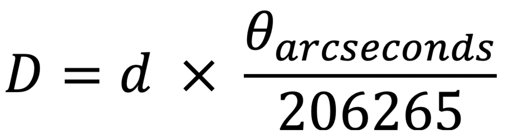 The version of the Small Angle Formula reads, "Big D physical size equals little d distance times angular size theta in arc seconds divided by 206265"