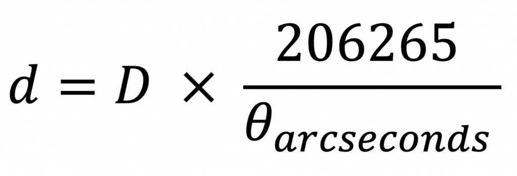 The version of the Small Angle Formula reads, "Little d distance equals big D diameter times 206265 divided by the angular size theta in arc seconds"