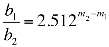 The equation reads, "brightness b subscript 1 over brightness b subscript 2 equals 2.512 raised to the power of open parentheses magnitude m subscript 2 minus magnitude m subscript 1 close parentheses."