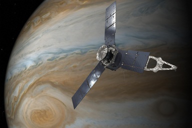 a view of the Juno spacecraft in front of Jupiter