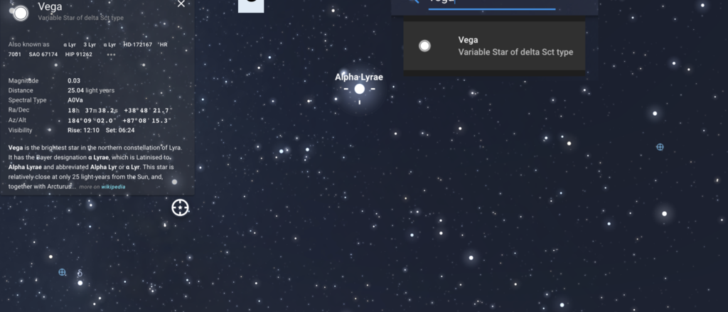 exploringtheskyii_3.png A digital view of the night sky is shown, with the view zoomed in on the sky to center on the star Vega. A menu is included.