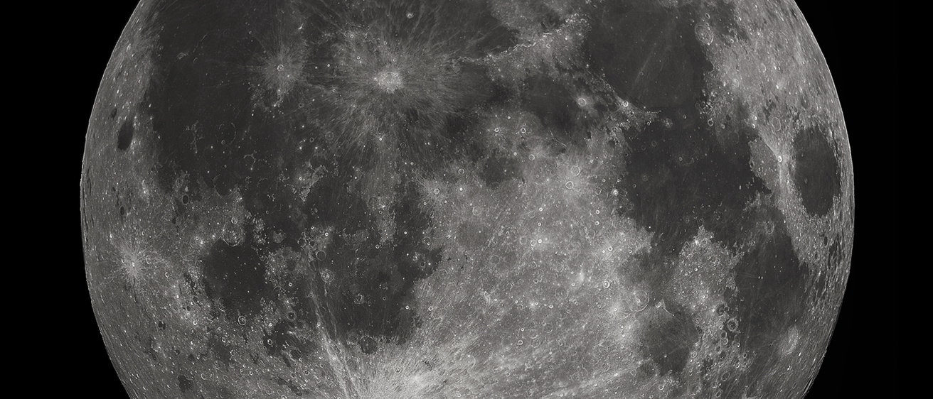 A detailed, zoomed in view of the full Moon on a cloudless night; a telescope would be required for an image of this quality