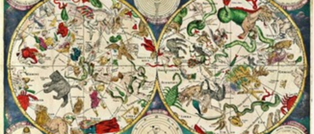 A colorful, old-fashioned planisphere shows each hemisphere and associated constellations as drawings.